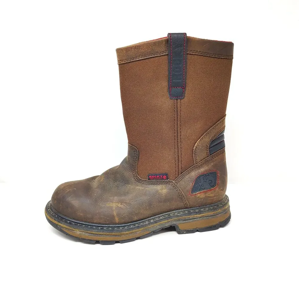 ROCKY Mens 9 Boots Work Pull On Composite Toe Waterproof Brown Leather